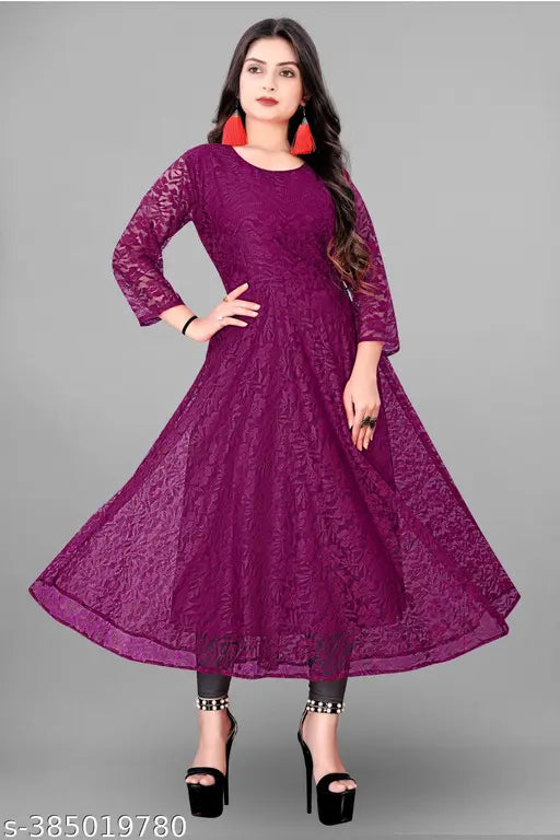 New party wear net fabric printed gown and kurtis for woman/girl, bohemian maxi dresses, sustainable evening gowns, floral print ball gowns. Red carpet gown on mannequin