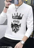 White full polyester KING MEN t-shirt with printed sleeves, featuring long sleeves and available in sizes S, M, L, XL