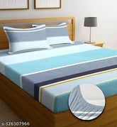 Comfort Home Striped Elastic Cotton Double Bedsheet Set with 2 pillow covers, sky blue and 220 thread count. Ideal for adult summer use