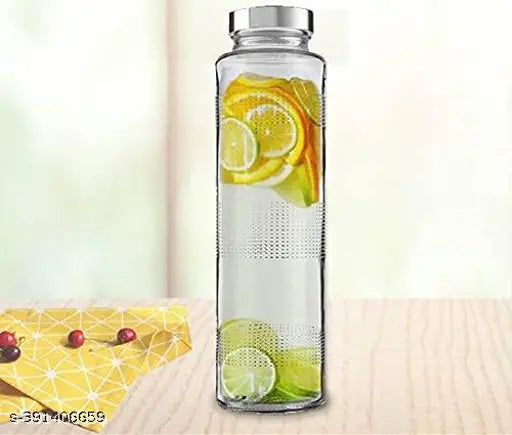 Clear glass airtight water bottle (750ml), leak-proof stainless steel lid - ideal for juices, smoothies, and beverages. Reusable travel glass drinking bottles