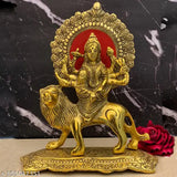 Golden brass Durga idol for puja room decor, handcrafted Indian artifact with intricate carvings, perfect for Diwali Navratri living room showpiece