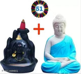 Multicolor polymarble Bhakti Murti combo pack with Adiyogi and Meditation Buddha statues, featuring 51 incense cones. Detailed, durable, home decor showpiece - 14 cm (7cm Adiyogi, 9cm Buddha)