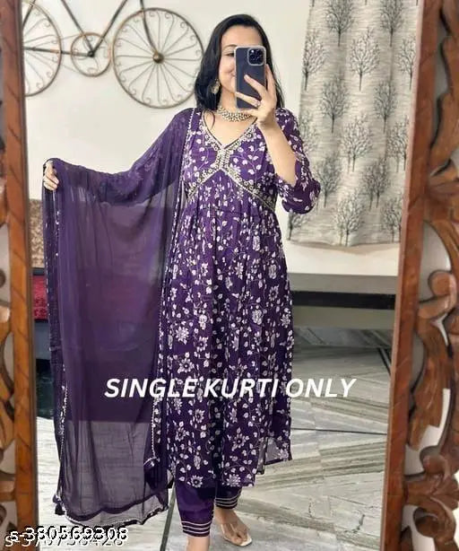 Purple rayon three-quarter sleeve chikankari embroidered kurta from Aaliya Fashion, perfect for traditional events and festivities