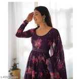 Georgette floral print Anarkali dress with dupatta, three-quarter sleeves. Elevate ethnic wardrobe, trendy glamour, Indian women's fashion