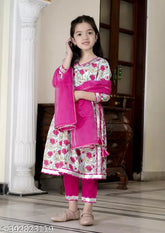 Pink rayon Girls Ethnic Floral top with three-quarter sleeves, printed pattern on front, solid net at back. Indian party wear for kids ages 5-12 years