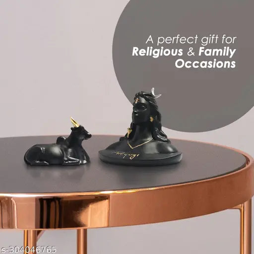 Golden resin Adiyogi statue with Nandi, ideal for car dashboard and home decor, handcrafted in India