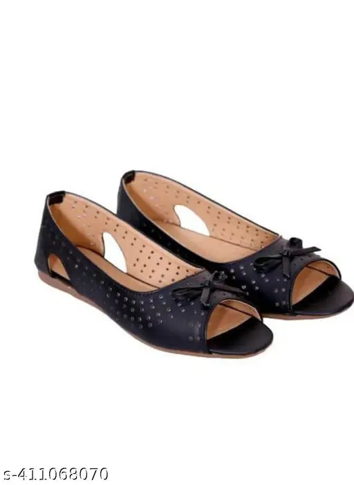 Stylish synthetic leather black ballerinas for women - solid slip-on design (India origin)