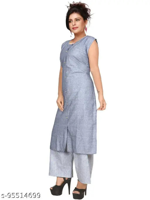 Stylish cotton kurta with palazzos set for women, solid color, sleeveless - L, XL, XXL sizes, India origin