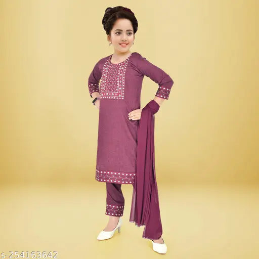 Embroidered A-line Salwar Suit Set in Art Silk - Girls Fashion, 6-7 & 7-8 years sizes
