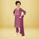Embroidered A-line Salwar Suit Set in Art Silk - Girls Fashion, 6-7 & 7-8 years sizes