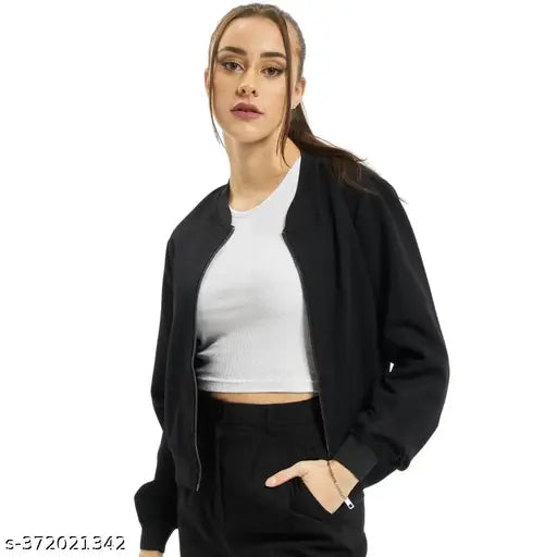 Fleece full sleeve bomber jacket, plus size available in solid color, ideal casual wear for women