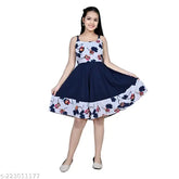 Cotton blend printed net knee length dresses for girls aged 8-13 years, stylish fashionable white dresses from India