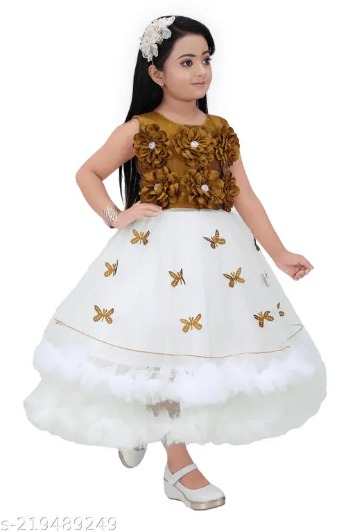 Elegant white and mixed color net frock with gold butterfly and floral embellishments for girls party wear, size 4-10 years, handmade quality at affordable price