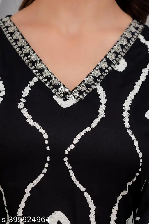 Black rayon embroidered polka dot kurta for party wear, three-quarter sleeves, Indian craftsmanship