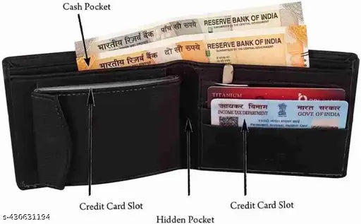 Black PU leather men's wallet, 8 card slots, 2 compartments, durable and elegant design - Made in India