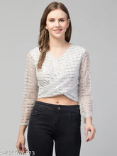 Embellished net polyester long-sleeve Fruba Girls Knot Style Tinsel Bling Top, S (34in bust, 16in length), Indian craftsmanship