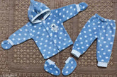 Blue wool kids' hooded sweater set with polka dot furr soft cartoon print, suitable for newborn babies up to 1 year