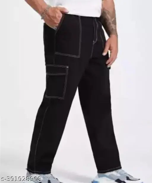 Denim baggy jeans for boys and men, black denim cargo style with abstract net pattern, clean look. Size fits 28-32 (waist 28/30/32 in, length 39 in, hip 10/11 in) made in India