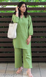 Olive green cotton solid kurta pant set for women, three-quarter sleeves, fully stitched, new launch in beige, bottle green, mustard, black, light purple, baby pink, and more. Perfect addition to your casual or office summer wardrobe. India origin