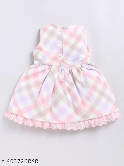 Cotton Snuggly Monkey checks print sleeveless frock with lace, perfect for 6-18 month babies in India