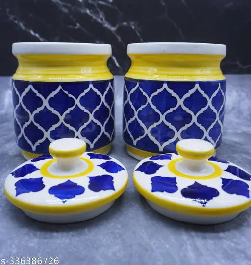 Yellow ceramic pickle jars (1200 ML each), pack of 2 for traditional food storage