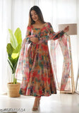 XXL organza printed net maxi dress with long sleeves, heavy quality fabric, gold brocade duppatta