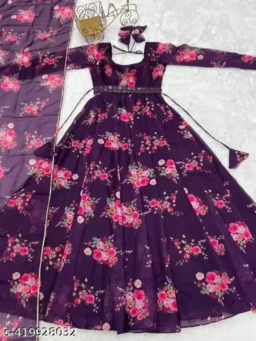 Printed net georgette gown with dupatta set for women, sleeveless, poly fabric, vibrant Indian fashion on mannequin