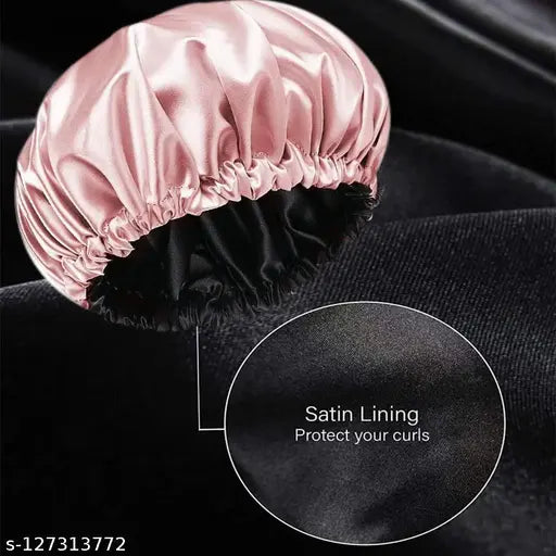 Peach and Black Armoxa Combo Silk Bonnet Set for Curly Hair - Adjustable satin cap with 3 free scrunches, designed for sleep, makeup, and facial mask