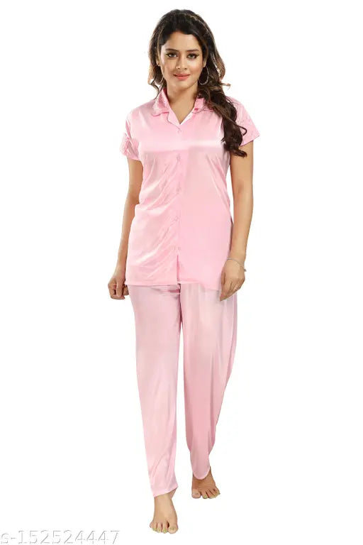 Women's satin nightsuit set, short-sleeved plain design in sizes S-XXL, comfortable sleepwear from Fomti Creation