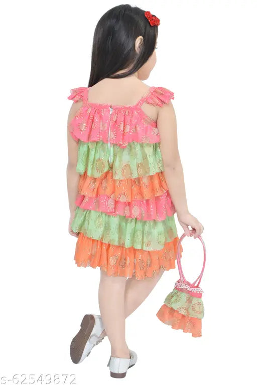 Multicolor cotton blend frock for girls (3-4 years, bust 27in, length 19in), Indian origin, vibrant printed dress with matching handbag