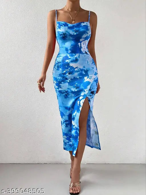 Printed net lycra sleeveless women's dress, trendy fashion for M, L, XL from India