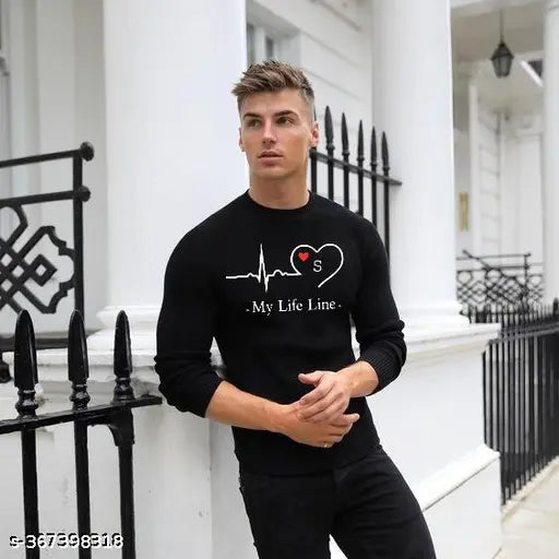 Black striped long-sleeve polyester t-shirt for men, high-quality Indian print
