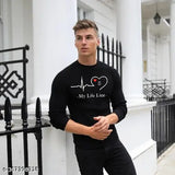 Black striped long-sleeve polyester t-shirt for men, high-quality Indian print