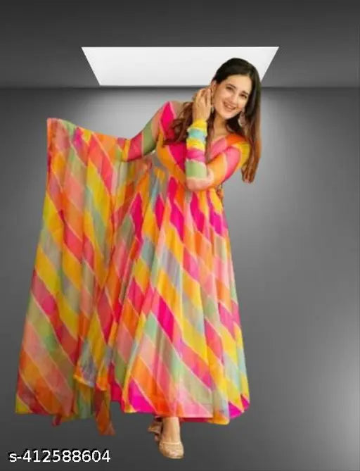 Yellow Georgette party gown with three-quarter sleeves, printed net pattern. Long, casual formal wear for women and girls. Multicolor, georgette gown on display. Indian origin