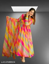 Yellow Georgette party gown with three-quarter sleeves, printed net pattern. Long, casual formal wear for women and girls. Multicolor, georgette gown on display. Indian origin