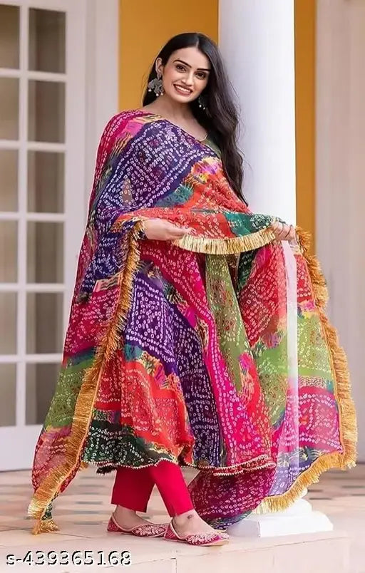 Vibrant multicolor synthetic Delta gown, matching fringe dupatta with golden detailing - ideal for weddings and festive occasions