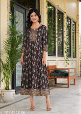 Rayon women's printed embroidery work anarkali kurti with three-quarter sleeves, self-design from India