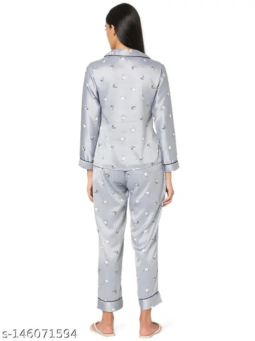 Grey elephant print satin lapel nightsuit for women, ultimate comfort and style in silk satin