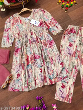Girls Festive Party, Kora Muslin Salwar & Kurta Set - Versatile Ethnic Wear for special occasions. Three-quarter sleeves, printed design, size range 6-13 years
