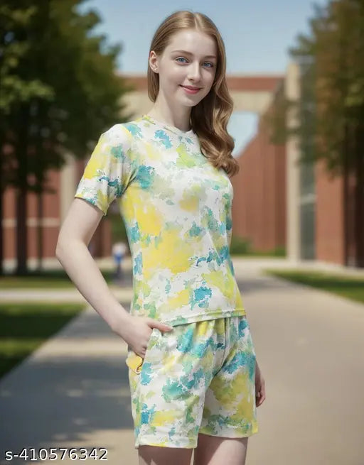 Pastel watercolor short set for women, polyester, featuring a breezy beach design from India