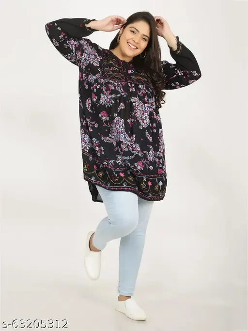 Veldress black floral print round neck top, rayon crepe with long sleeves, Indian-made fashion apparel on mannequin