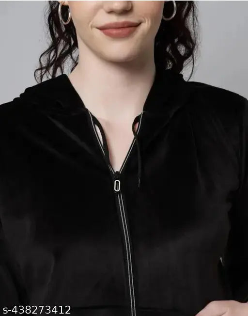 Black velvet chain hoodie for girls, solid pattern, long sleeves, perfect gift for beautiful lady in your life