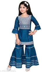 Embroidered rayon palazzo dress in blue for kids, perfect for parties and everyday wear. Comfortable cotton fabric, sizes 4-5 years. Indian kid's fashion