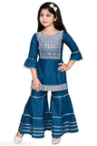 Embroidered rayon palazzo dress in blue for kids, perfect for parties and everyday wear. Comfortable cotton fabric, sizes 4-5 years. Indian kid's fashion