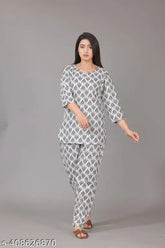Women's stylish cotton short kurti & pant with trendy print, Summer special - India-made night suit in multiple sizes (S, M, L, XL, XXL, XXXL)