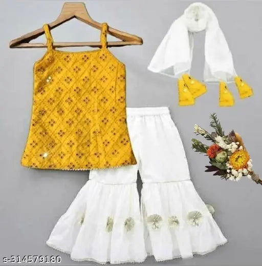 Georgette and rayon Tinkle Stylus Girls Top & Bottom Sets, printed top, solid bottom, perfect for a princess's wardrobe, Indian origin