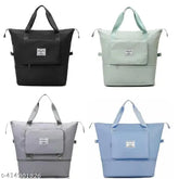 Expandable polyester travel duffle bag set, lightweight waterproof and water-resistant. Four pieces in black, blue, grey, green with two main pockets, suitable for backpacking or vacations