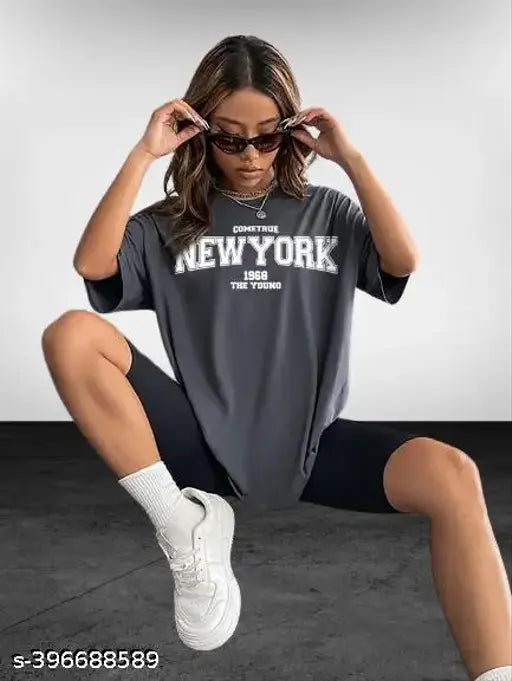 Oversized cotton loose fit printed T-shirt for women, half sleeves & drop shoulder design - India origin