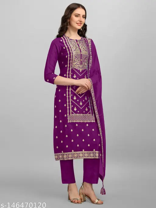 Designer Art Silk Unstitched Banarasi Suit Material - Women's Kurta Set with Dupatta, perfect for parties. Art Silk fabric from India, available in multiple colors and prints