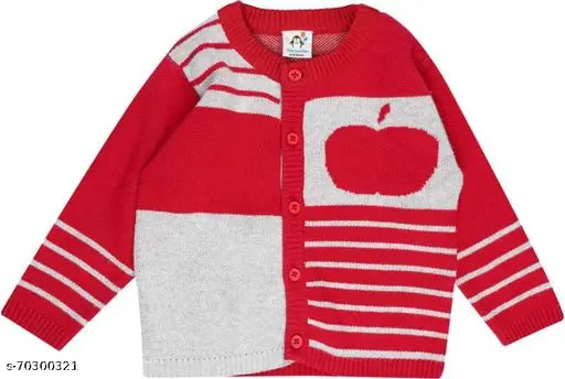 Organic cotton striped round neck sweater for boys & girls in red and grey, suitable for winters